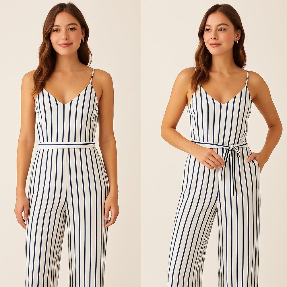 Monteau Blue White Vertical Stripe Wide Leg Jumpsuit Size XL